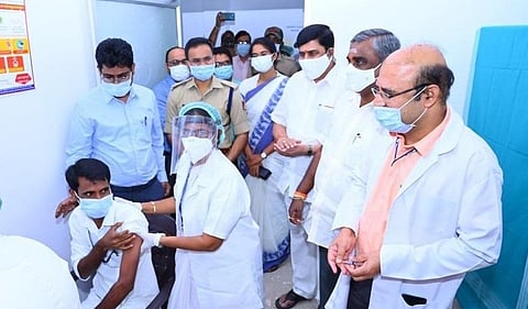 Nagaraju taking the vaccine on 16, January, 2021. (Photo | EPS)