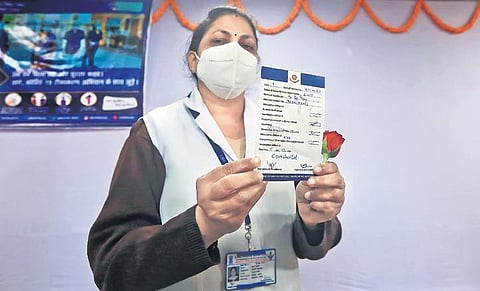 A staff of the LNJP Hospital after receiving a Covid-19 vaccine dose