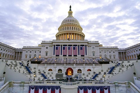 Preparations take place before a rehearsal for President-elect Joe Biden's Presidential Inauguration at the U.S. Capitol in Washington. (Photo | AP)