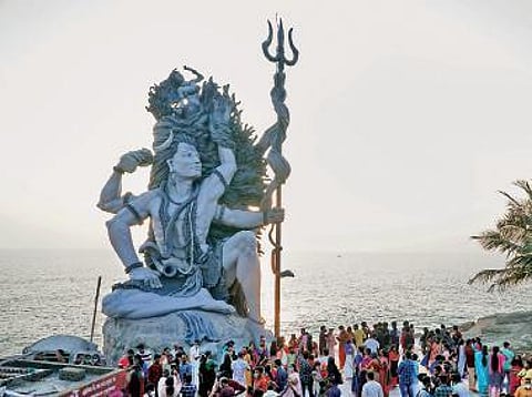 The recently unveiled 58-foot-tall Gangadhareshwara sculpture at Azhimala Shiva Temple near Vizhinjam in Thiruvananthapuram | B P Deepu