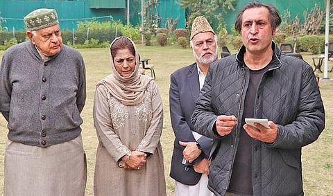 Sajjad Lone (far right) with Farooq Abdullah and Mehbooba Mufti (File Photo| PTI)