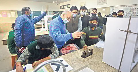 Delhi Deputy Chief Minister Manish Sisodia interacts with students during visit to a govt-run school on Monday | Shekhar Yadav