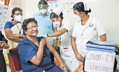 A healthcare worker from ICH, Egmore gets vaccinated on Monday | P C Mouli Priya