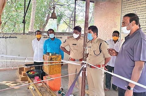 Police inspect Lord Vinayaka temple in Rajamahendravaram where an idol of Subramanyeswara Swamy was vandalised, on Friday | Express