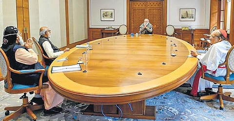 Prime Minister Narendra Modi interacts with the cardinals at his office in New Delhi on Tuesday | PTI
