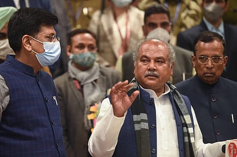 Union Minister for Agriculture and Farmers Welfare Narendra Singh Tomar C along with Minister for Commerce and Industry Piyush Goyal L and Minister of State Som Prakash addresses media. (Photo | PTI)