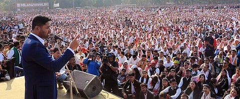 AJP leader Lurinjyoti Gogoi seen addressing a gathering. (Photo | Special Arrangement)