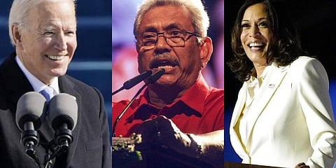 (L-R) US President Joe Biden; Sri Lanka President Gotabaya Rajapaksa; US VP Kamala Harris (Photos | AP, AFP)