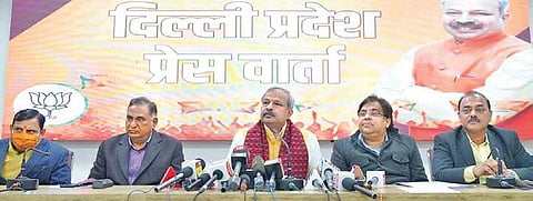 BJP Delhi president Adesh Kumar Gupta addresses a press conference | Express