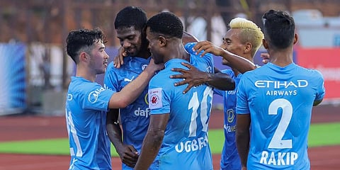 Mumbai City FC players celebrate a goal during their ISL match. (Photo | PTI)
