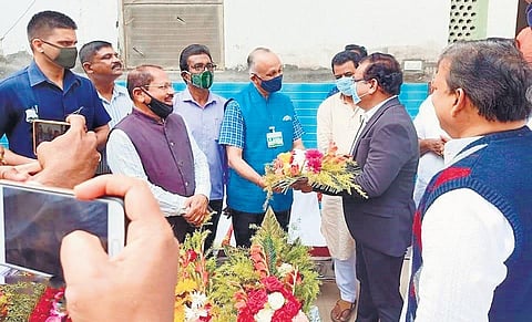 Lt Gen CP Mohanty being greeted by officials and villagers on Thursday. (Photo | Express)