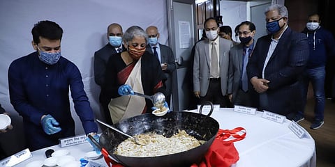 Finance minister Nirmala Sitharaman with senior officials of the Finance department at the halwa ceremony. (Photo| Twitter)