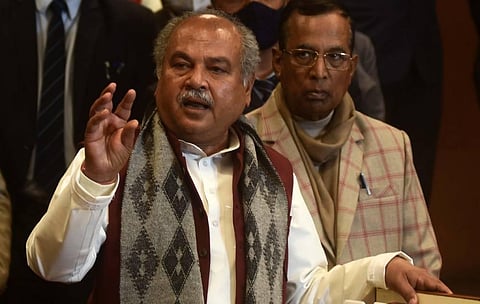 Union Minister for Agriculture and Farmers Welfare Narendra Singh Tomar along with Minister of State Som Prakash addresses media. (Photo | Parveen Negi/EPS)