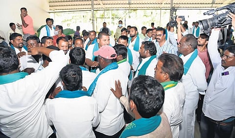 Turmeric farmers in Choutpally village raise slogans against Nizamabad MP D Arvind at a meeting on Saturday