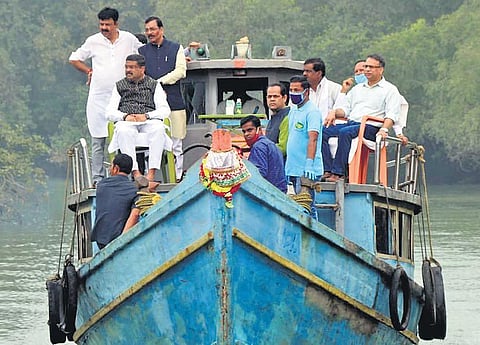 Pradhan (sitting left) enjoying a boat ride in Bhitarkanika National Park on Sunday.