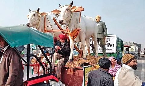A tableau for the Kisan Gantantra Parade stands ready at the Singhu border