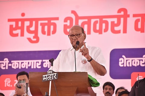 NCP chief Sharad Pawar speaks at Azad Maidan in Mumbai. (Photo| Twitter)