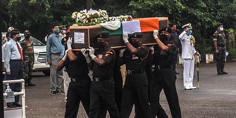 Mortal remains of Sepoy Chandrakant Pradhan and Naib Subedar Nandu Ram who martyred at Galwan Valley at Biju Patnaik International Airport in Bhubaneswar. (File Photo | Biswanath Swain, EPS)
