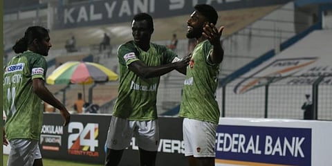 Gokulam Kerala FC got back to winning ways, defeating Neroca FC 4-1 (Photo | Twitter @GokulamKeralaFC)