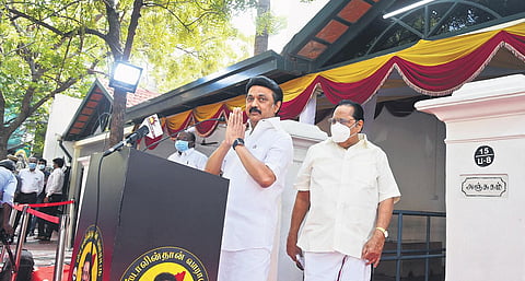 DMK president MK Stalin during a press meet at the residence of the late party supremo M Karunanidhi at Gopalapuram, in Chennai on Monday | R Satish Babu