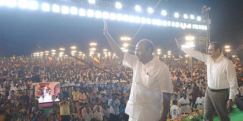 PMK Youth Wing leader Anbumani Ramadoss and party leader S Ramadoss addressing a mass rally in Villupuram. (File Photo | EPS)