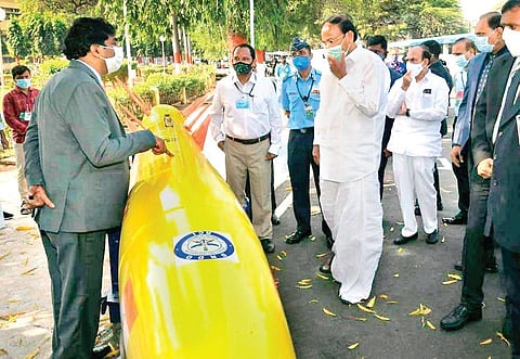 Vice-President M Venkaiah Naidu is shown a model of a missile at the Dr APJ Abdul Kalam Missile Complex in Hyderabad on Monday