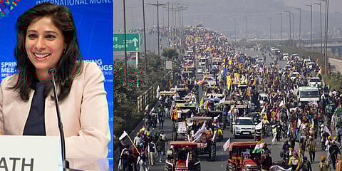 IMF's Chief Economist Gita Gopinath (L) and farmers participating in a protest during Republic Day celebrations in New Delhi. (File photo| AP)