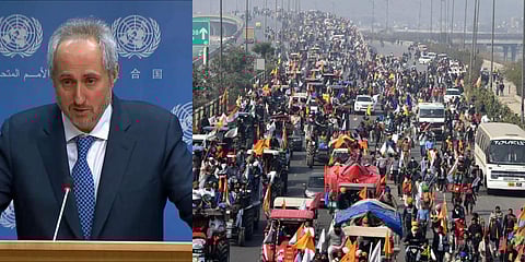UN Secretary-General Antonio Guterres' spokesman Stephane Dujarric (L) and a scene from farmers protests in Delhi. (Photo| Youtube and Shekhar Yadav, EPS)