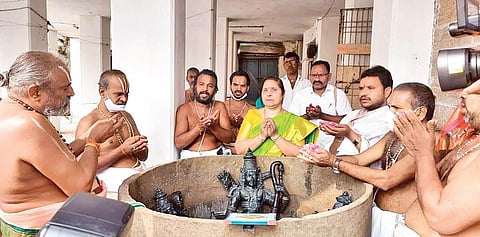 Priests performing pujas to the new idols at Ramateerthalu in Vizianagaram.