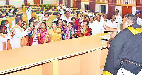 BJP Corporators argue with Mayor Y Sunil Rao at the MCK general body meeting in Karimnagar on Wednesday
