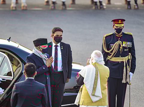 President Ram Nath Kovind being greeted by Prime Minister Narendra Modi, during the start of Beating Retreat ceremony. (Photo| PTI)