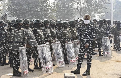 Enhanced security at Singhu border during farmers' protest against the new farm laws in New Delhi Friday Jan. 29 2021. (Photo | PTI)