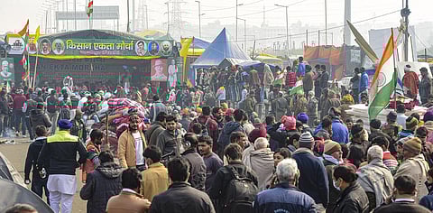 Farmers at Ghazipur border during their ongoing agitation against Centre's farm reform laws, in New Delhi. (Photo | PTI)