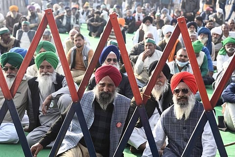 Farmers at Ghazipur border during their ongoing agitation against Centres farm reform laws in New Delhi Thursday. (Photo | Parveen Negi/EPS)