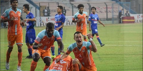 Chennai City FC players celebrate their goal. (Photo | Twitter @ILeagueOfficial)