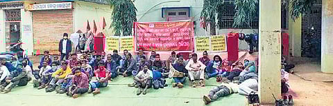 Kodingamali bauxite mines workers on dharna in front of the Collectorate. (Photo| EPS)