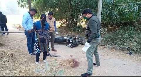 Police Scientific team conducting investigation at the murder spot in Nrutanga village. (Photo | Express)