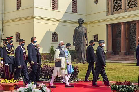 President Ram Nath Kovind accompanied by Prime Minister Narendra Modi arrives to address the Budget Session at Central Hall of Parliament House. (Photo | PTI)