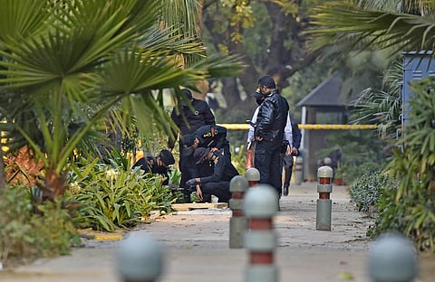 An NSG team inspects the blast site near Israeli Embassy in New Delhi. (Photo | Parveen Negi, EPS)