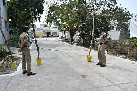 Andhra Pradesh Police security in view of Panchayat elections nominations at Panchayat office in Penamaluru of Krishna district on Friday. (Photo | Prashant Madugula, EPS)