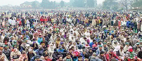 Farmers in support of the Bharatiya Kisan Union attend ‘Kisan Mahapanchayat’ against the three new farm laws. (File Photo | PTI)