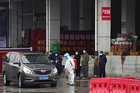 A worker in protective overall disinfects a vehicle from the WHO convoy while they were visiting the Baishazhou wholesale market in Wuhan. (Photo | AP)