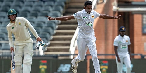 Sri Lanka's bowler Dushmantha Chameera celebrates after dismissing South African batsman Dean Elgar for 127 runs during the second day of the 2nd Test at Wanderers stadium in Johannesburg. (Photo| AP)