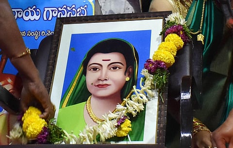 Portrait of Savitribai Phule being garlanded on the occasion of her birth anniversary celebrations in Hyderabad on Sunday. (Photo | EPS/S Senbagapandiyan)