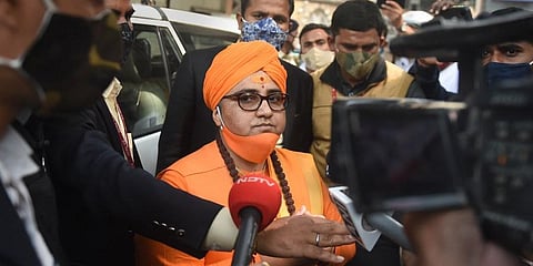 BJP MP Sadhvi Pragya Singh Thakur arrives at the special NIA court in connection with the Malegaon blast case in Mumbai Monday (Photo | PTI)