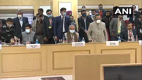 MInisters Narendra Singh Tomar and Piyush Goyal meet farmer groups. (Photo | Twitter / ANI)
