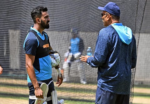 India's KL Rahul (L) chats with coach Ravi Shastri (R) during a training session. (Photo | AFP)