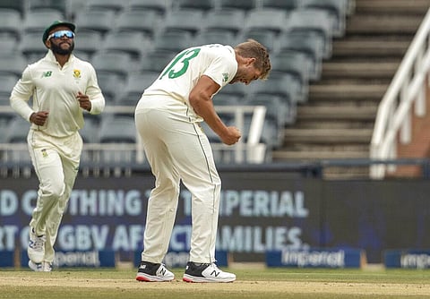 SA's bowler Wiaan Mulder celebrates the wicket of Sri Lanka's batsman Dasun Shanaka during play in the second cricket test match. (Photo | AP)