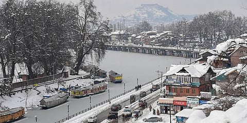 An aerial view of the city after a snowfall in Srinagar. (Photo | PTI)