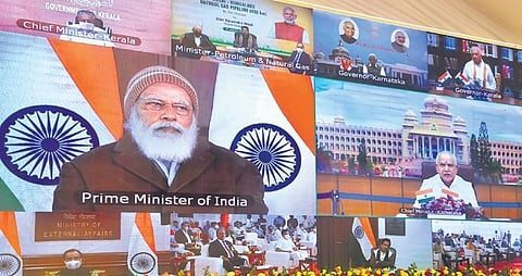 Prime Minister Narendra Modi speaking after dedicating the Kochi-Mangaluru natural gas pipeline, through video conference on Tuesday | Express